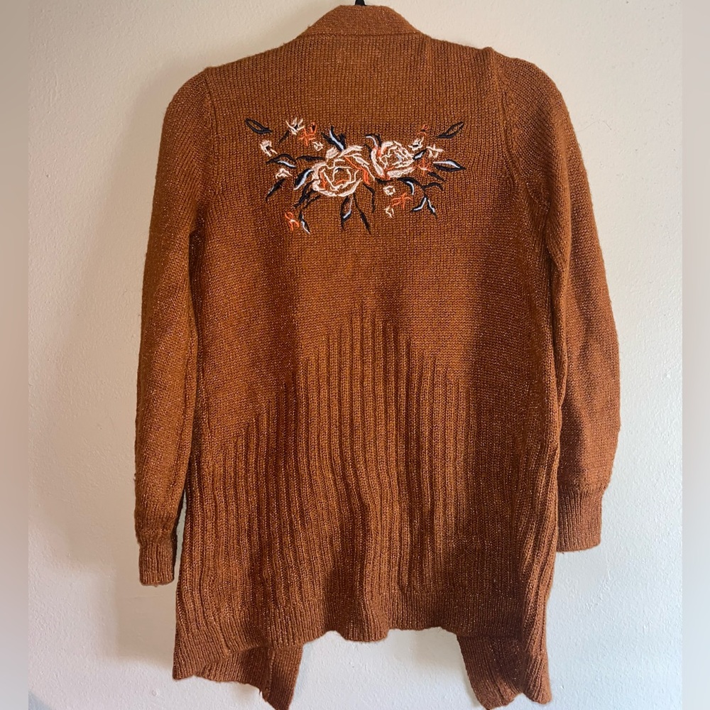 Rustic Brown Cardigan with pink and blue flower embroidery